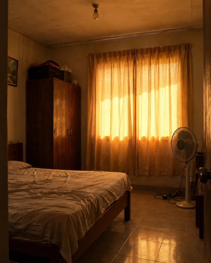 Quarto abafado com uma lâmpada nua no teto, cortina fechada com sol forte e um ventilador de chão no canto